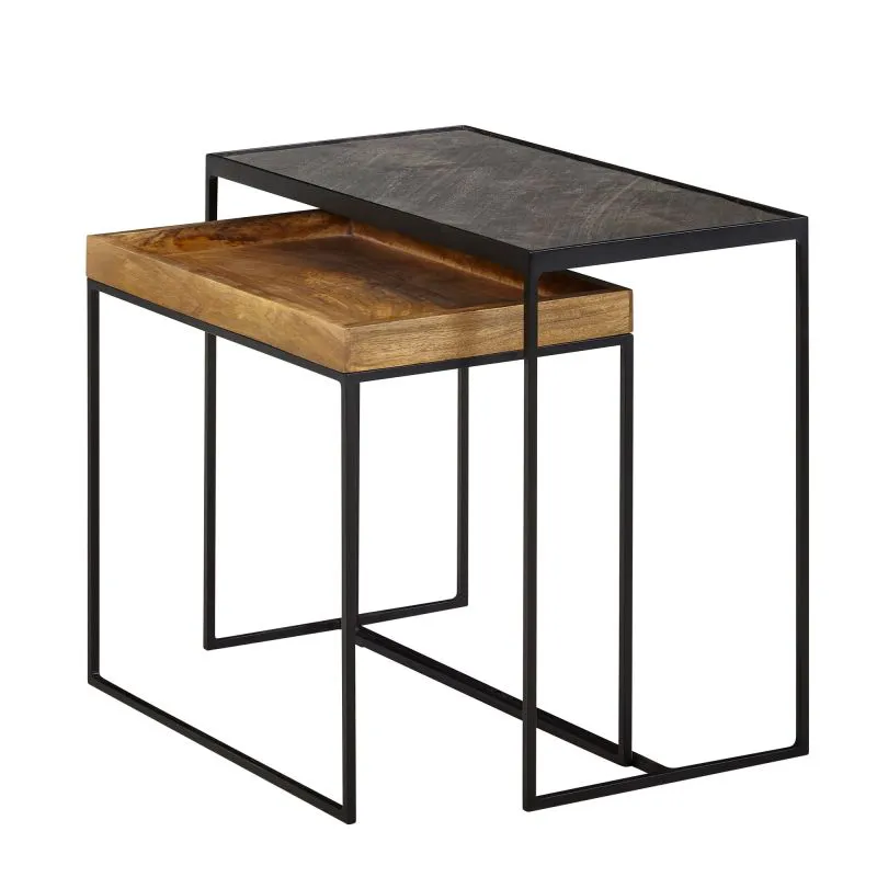 Set de table de salon en bois massif de manguier, 2 pièces, Couleur : Manguier / Anthracite - dimensions : 60 x 30 x 50 cm et 50 x 30 x 44 cm (L x P x H)