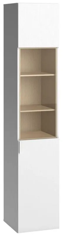 Vitrine Minnea 16, couleur : blanc / chêne - Dimensions : 206 x 40 x 42 cm (H x L x P)