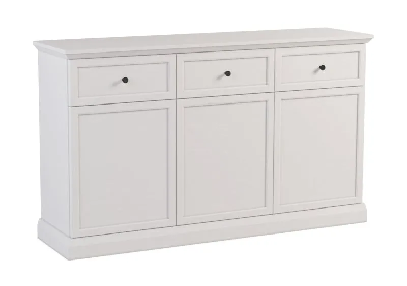 Commode/Buffet pratique Torsakala 02 dans la couleur : Blanc opale avec 3 tiroirs, 3 étagères, 3 portes, 86 x 146 x 40 cm, protection des bords ABS