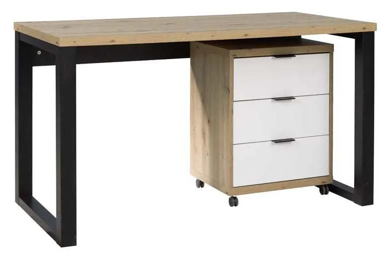 Bureau "Merosina" 02, Couleur : Chêne Artisan / Noir / Blanc - Dimensions : 76 x 135 x 65 cm (H x L x P)