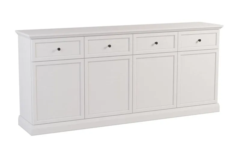 Large commode avec beaucoup d'espace de rangement Torsakala 03 en blanc opale, 86 x 193 x 67 cm, 4 portes, 4 tiroirs, 4 étagères, 8 compartiments, protection des bandes de chant ABS