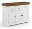 Commode Gimone 15 en blanc / tabacco, 92 x 131,5 x 41 cm, Système de fermeture Soft-Close, pin finlandais, 3 portes en bois, 3 étagères, 3 tiroirs, 4 compartiments