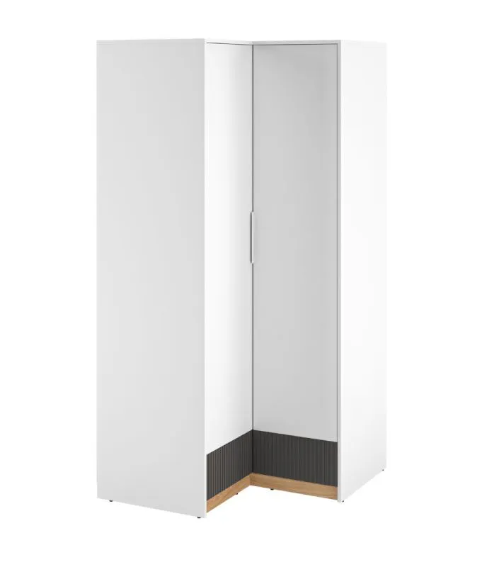 Armoire à portes battantes / Armoire d'angle avec cinq casiers Mackinac 03, poignées : Métal, Couleur : Blanc / Chêne / Graphite mat, Système Soft-Close, Dimensions : 196 x 96 x 96 cm, Avec deux portes et deux tringles à vêtements