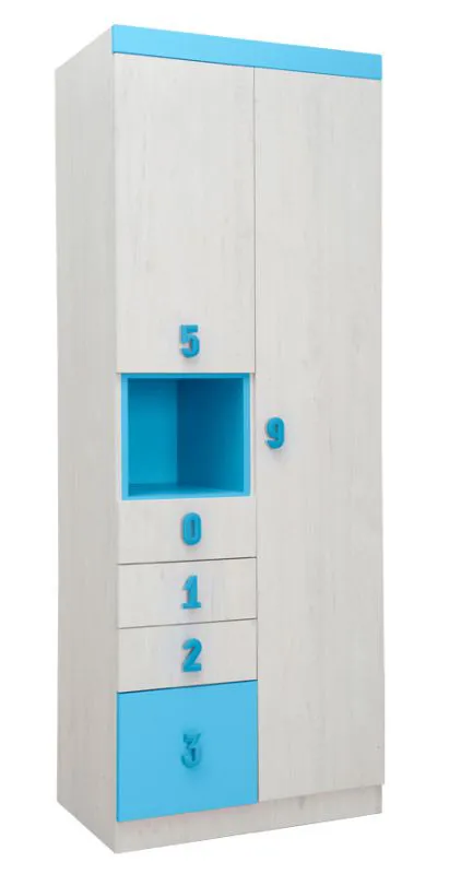 Chambre d'enfant - armoire à portes battantes / armoire Luis 11, couleur : chêne blanc / bleu - 218 x 80 x 52 cm (H x L x P)