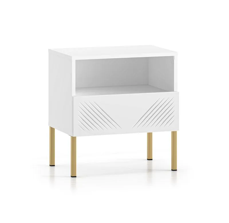 Table de chevet avec fonction push-to-open Taos 18, Couleur : Blanc mat, Facile à combiner, Dimensions : 53 x 50 x 34 cm, Pieds : Or, avec 1 tiroir et 1 compartiment, Système Soft-Close