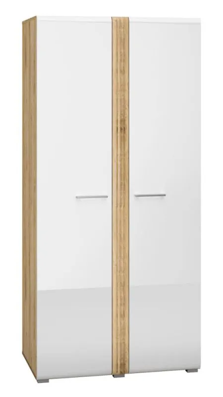 Armoire avec beaucoup d'espace de rangement Tullahoma 01, Couleur : Chêne / Blanc brillant - dimensions : 196 x 92 x 60 cm (h x l x p), avec 2 portes et 5 compartiments