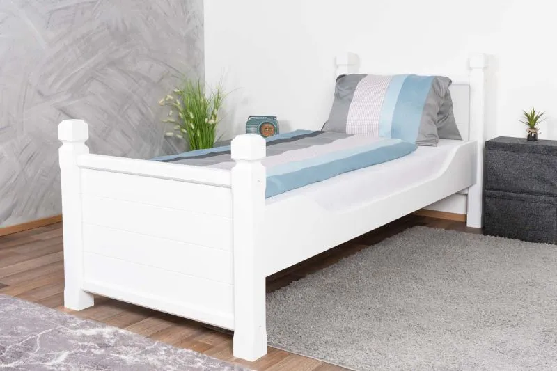 Lit simple blanc en pin massif 101, sommier à lattes inclus, surface de couchage 80 x 200 cm, petit lit d'appoint, très stable et durable, moderne
