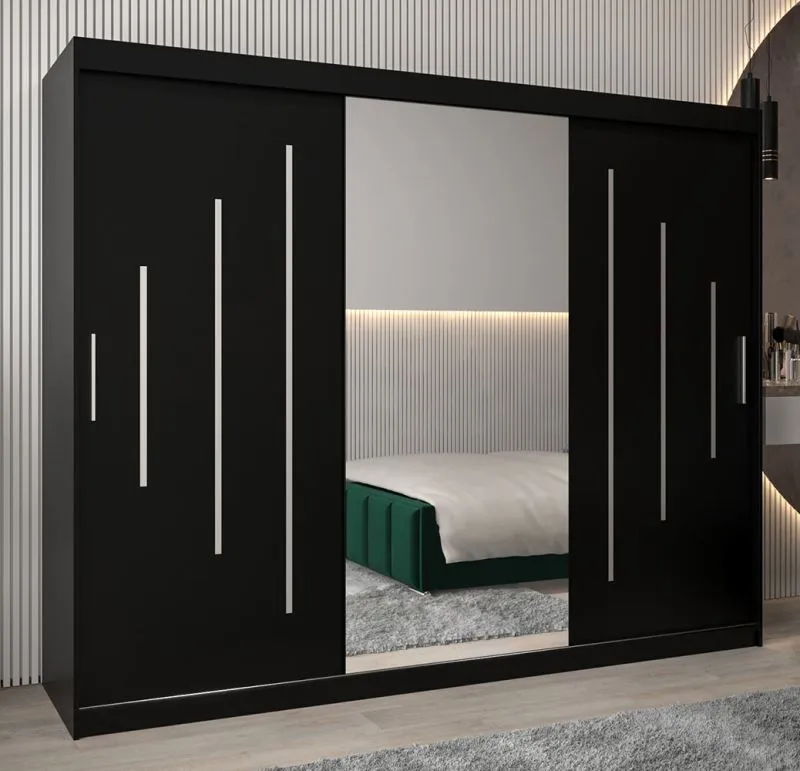 Armoire à portes coulissantes / Penderie avec miroir Tomlis 06A, Couleur : Noir - Dimensions : 200 x 250 x 62 cm (h x l x p)