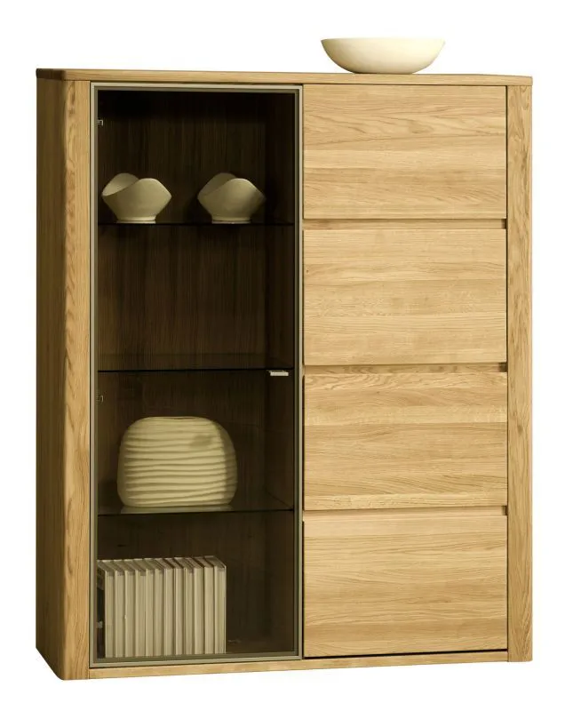 Vitrine Jussara 11, couleur : naturel, chêne partiellement massif - 150 x 124 x 42 cm (h x l x p)